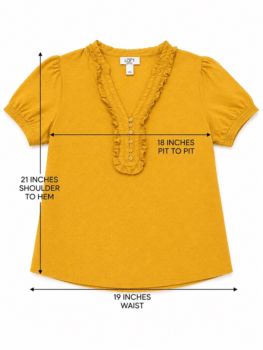 LOFT Petite Medium Mustard Yellow Ruffle V-Neck Blouse Short Sleeve PM - Picture 2 of 6
